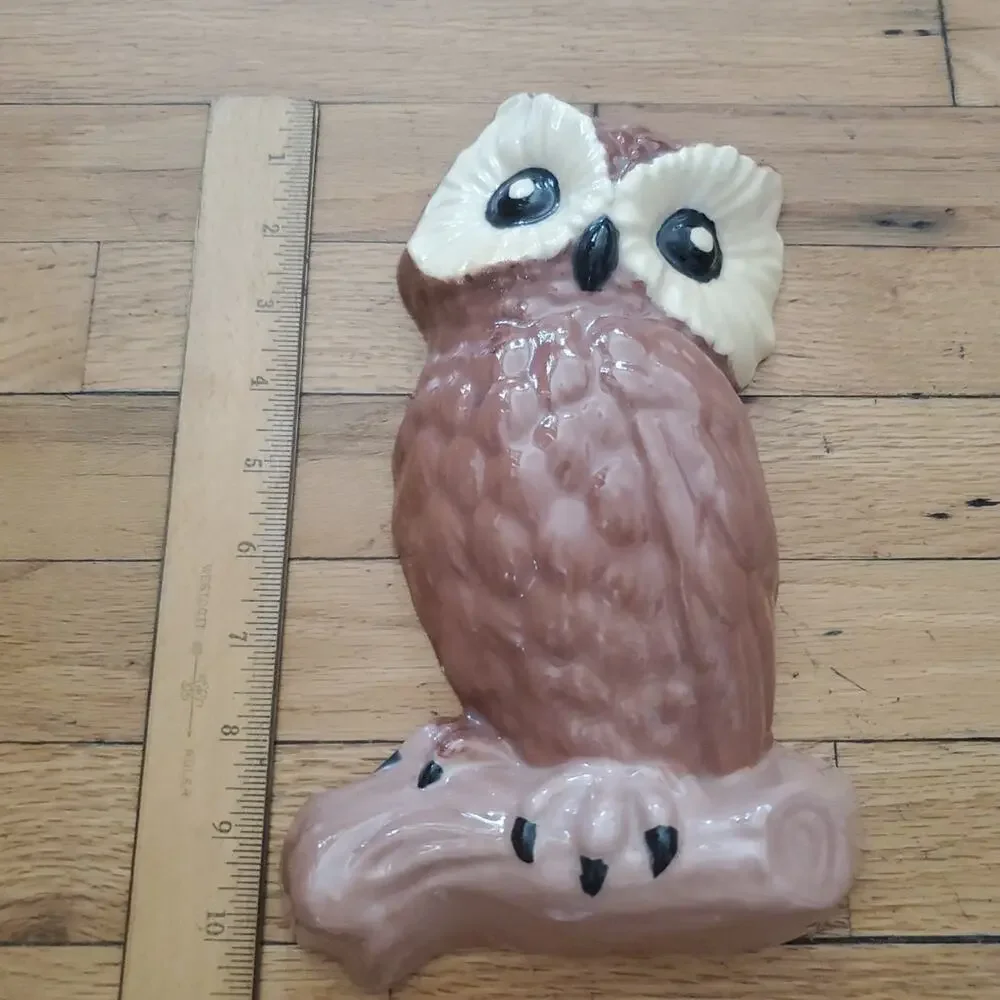 Vintage 70s‎ Glazed Ceramic Hanging Perched Owl Wall Hanging Boho Hippie MCM